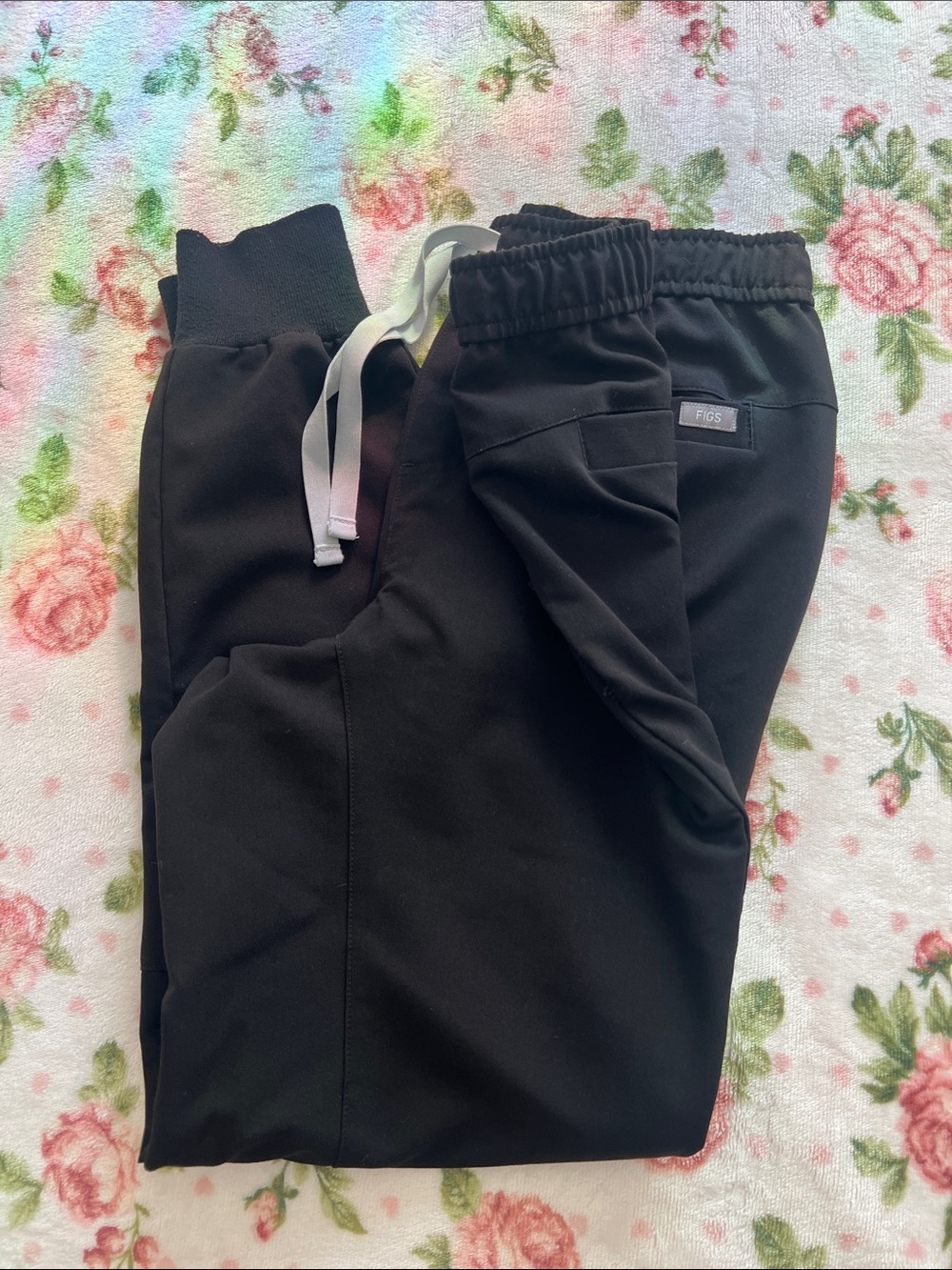 Figs Black Jogger Scrub Pants with White Drawstring